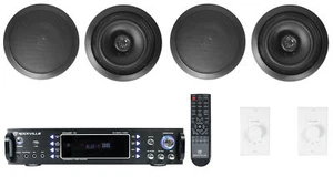 Rockville 2-Room Home Audio Receiver+4 Black 6.5" Ceiling Speakers+Wall Controls - Picture 1 of 12