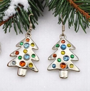 Silver Tone Christmas Tree Earrings Colorful Bead Accents Holiday Festive - Picture 1 of 6