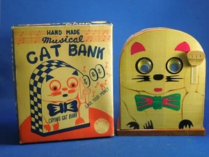 Vintage Hand Made Wooden Marquee Musical Crying Cat Bank W/ Box Made in Japan - Picture 1 of 11
