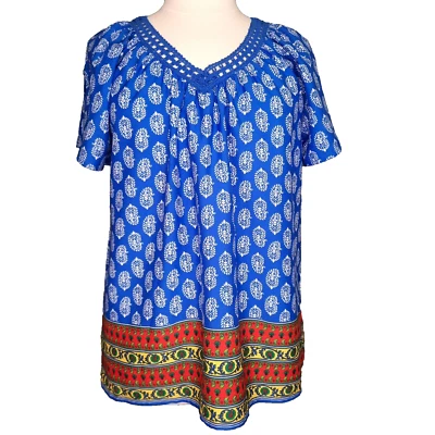 Rebecca Malone Top Womens 1X Blue Paisley Crochet Lace V Neck Peasant Boho Artsy - Image 1 of 4