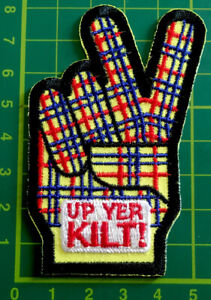 Scotland Up Yer Kilt Badge Tartan Tourist Guide Scouts Iron Sew On Camp Blankets