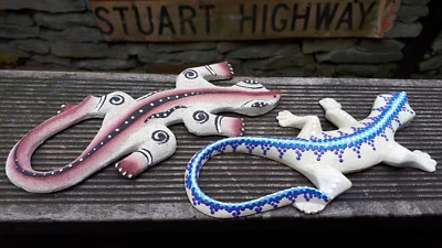 2er set holz wand gecko leguan echse mit aborigines malerei australien 20cm - Bild 1 von 3