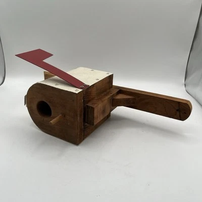 Wood Mailbox Birdhouse White Red Flag Wood Mounting Post Used - Image 1 of 4