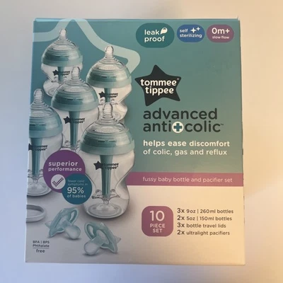 NEW Tommee Tippee Advanced 0m+ Anti-Colic 5x Baby Bottle, 3x Lids, 2x Pacifiers  - Image 1 of 4