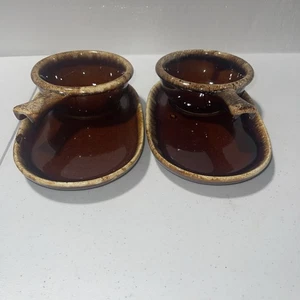 Hull Pottery USA Bowls & Snack Plates Set Of 4 Total Brown Drip Chilli Soup - Picture 1 of 12