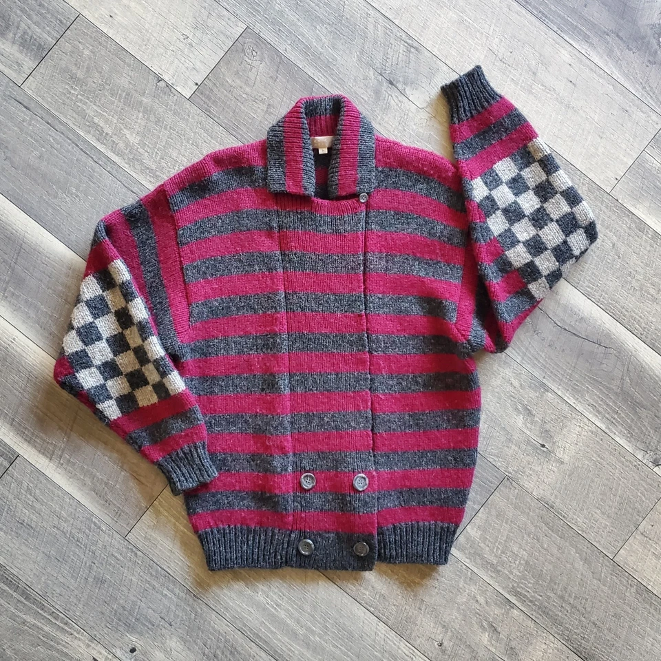 Vintage Perry Ellis Wool Thick Cardigan Striped Checkered Elbow Burgundy Gray M - Image 1 of 4