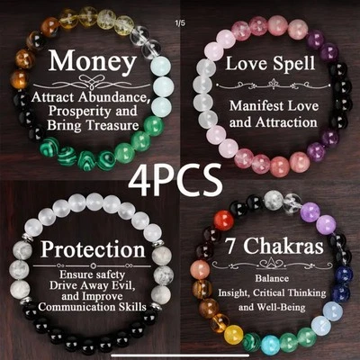 Pulsera bohemia de cuentas con citrino, malaquita, cuarzo rosa y ojo de tigre 4 piezas Foto 1 de 4