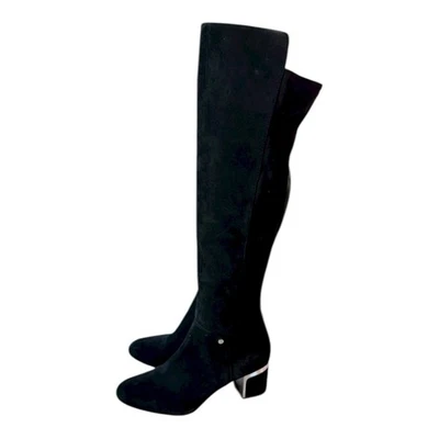Botas femininas DKNY tamanho 9,5M Cora altura do joelho preto elástico costas camurça fenda zíper excelente estado usado - Imagem 1 de 4
