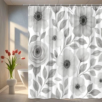 Elegante cortina de ducha floral blanca y negra para baños modernos Foto 1 de 4