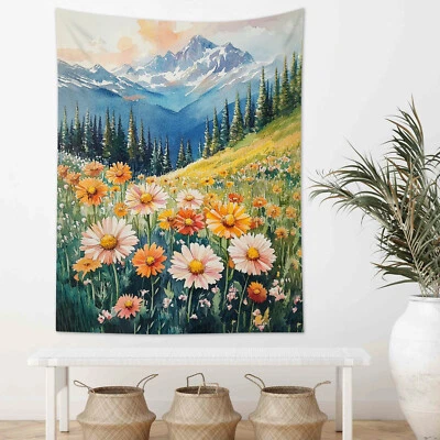 Mountain Pink Orange Yellow Daisy Floral Tapestry for Bedroom Living Room Dorm - Image 1 of 4