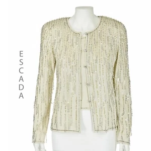ESCADA Vintage Ivory Dangling Beaded Cardigan & Shell Sweater Set SIZE US S/M - Picture 1 of 10