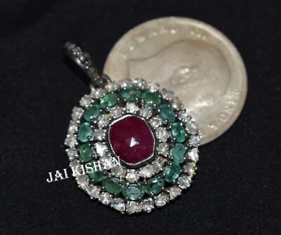 Echt Polki Uncut Pflastern Diamant 925 Sterlingsilber Rubin Smaragd Edelstein - Bild 1 von 4