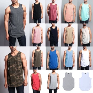 Victorious Men's Basic Long Length Curved Hem Tank Top Sleeveless T-SHIRTS -TT47 - Picture 1 of 67