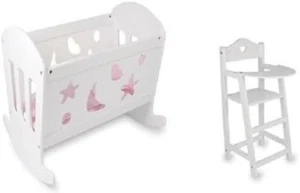 SET OF Dolls White Varnished Rocking Wooden Cradle Cot Bed and Matching High - Picture 1 of 6