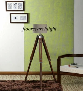 Classical Nautical Chrome Floor Shade Lamp Brown Natural Wooden Tripod Stand - Picture 1 of 5