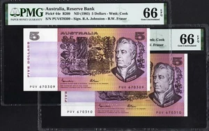 Australia 2 x 5 Dollars P44e R209 1985 Johnston Fraser PMG66 Gem UNC EPQ SET - Picture 1 of 5