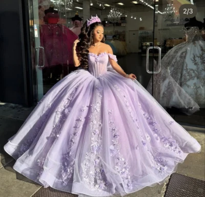Lilac Quinceanera Dresses Sweet 15 16 Off Shoulder 3D Flowers Party Ball Gowns - Image 1 of 4