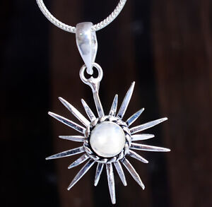 Sun Pendant &Necklace Natural Moonstone 925 Sterling Silver Woman Jewelry-C56