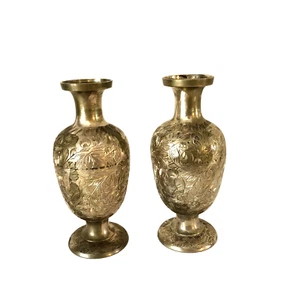 Brass Metal Candlestick Candle Holder Pair India Etched Leaves Vintage 107 170 - Picture 1 of 15