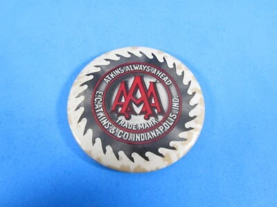 AAA Atkins Always Ahead saw advertising pin button & mirror made by Bastian Bros - Image 1 of 4