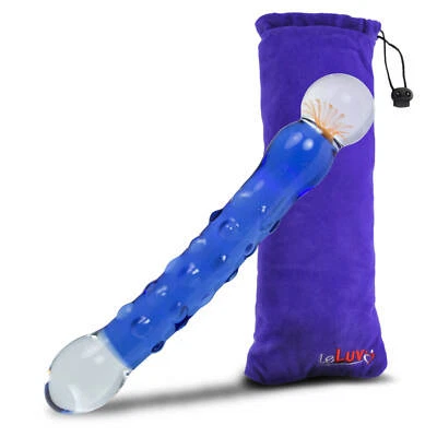 LeLuv Dildo 8 Inch Glass Double-Ended Flower Bead Curved Textures with Pouch - Image 1 of 4