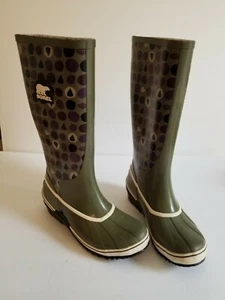 CUTE SOREL TALL RUBBER RAIN BOOTS SIZE 6 GREEN WITH PURPLE LEAF PATTERN - Picture 1 of 6