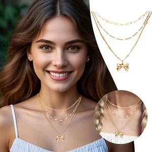 Women's Layered Necklace Stackable Elegant Clamp Chain Bowknot Pendant Jewelry - Picture 1 of 7