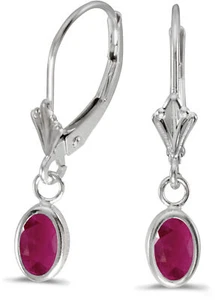 14k White Gold Oval Ruby Bezel Lever-back Earrings - Picture 1 of 1