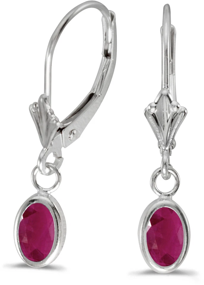14k White Gold Oval Ruby Bezel Lever-back Earrings - Image 1 of 1