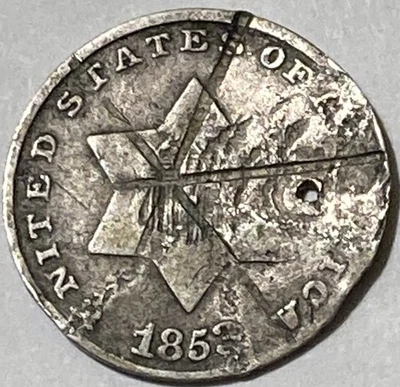 1853 3c Three-Cent Silver Piece (Trime) Clear Date, Damaged - Image 1 of 4