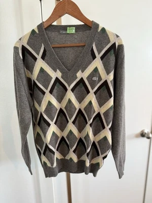 Suéter Lacoste para hombre 100 % cachemir talla 4 (grande) gris argyle cuello en V Foto 1 de 4