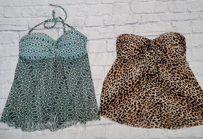 Merona Lot 2 sz Medium Tankini Swimsuit Tops Leopard Blue Swim Twist Flowy Sheer - Image 1 of 4
