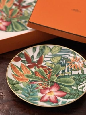 Juego de 2 platos de postre HERMES Passifolia plato verde floral Foto 1 de 4