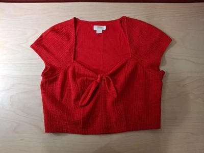 Anthropologie Maeve Red Cropped Top Tie Front Fitted Feminine Romantic Knit sz L - Image 1 of 4