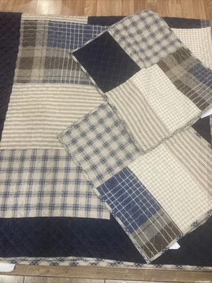 Cuddl Duds Full/Queen Patch Work Quilted Blue /Khaki Bedcover  & 2 Shams Set - Image 1 of 4