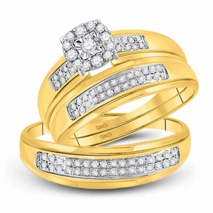 10kt Yellow Gold His Hers Round Diamond Halo Matching Bridal Wedding Ring Set - Picture 1 of 3