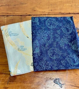 Antique Japanese Kimono Wedding Silk Fabric - Lot of 2 Blue & Gold - Picture 1 of 13
