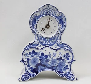 Royal Delft De Porceleyne Fles 9" Mantel Clock Vintage 1985 Blue Floral Flowers - Picture 1 of 13
