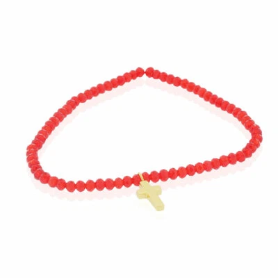 Brazalete elástico cruz religiosa tono oro amarillo cuentas rojas acero inoxidable Foto 1 de 2