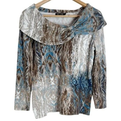 Suéter Nic + Zoe Azul y Marrón Capucha Cuello Ligero Estampado Abstracto Talla L Foto 1 de 4