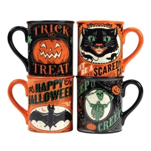 Halloween Mugs Set/4 Scaredy Cat Vintage Style Bat Skeleton Cat Jack o'Lantern - Picture 1 of 2