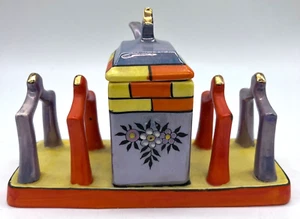 Antique Japanese Lusterware 4-Piece Toast Rack Jam Jar Set Orange Blue Yellow - Picture 1 of 12