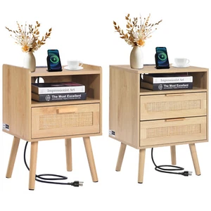 Rattan Nightstand End Table with Drawer/2 Drawers Open Shelf Boho Bedside Table - Picture 1 of 26