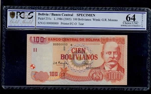 BOLIVIA SPECIMEN 100 BOLIVIANOS ( 2005 ) PICK # 231s PCGS 64 CHOICE UNC. - Picture 1 of 2