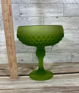Vintage Pedestal Compote Candy Dish Indiana Diamond Point Green Frosted - Picture 1 of 6