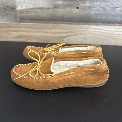 Minnetonka Brown Pile Lined Hardsole #3502 Moccasins Slippers Leather Women's 8M - Image 1 of 4