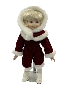 Vintage Porcelain Doll Wearing Red Christmas Suite Hood White Trim Blue Eyes - Picture 1 of 10