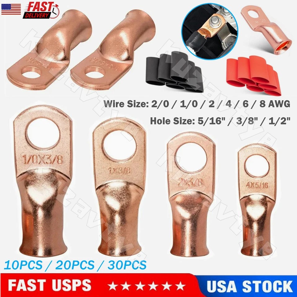10/30Pcs Battery Lugs Copper Ring Terminal Cable Ends Wire Connectors 1/0 - 8AWG - Image 1 of 4