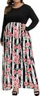 Allegrace Women's Plus Size Floral Print Striped Patchwork Maxi Dress Short Slee