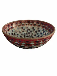 Seltene Vintage Schale 90er Jahre weiß, blau & rot Mosaik Glas & Stein - Bild 1 von 4